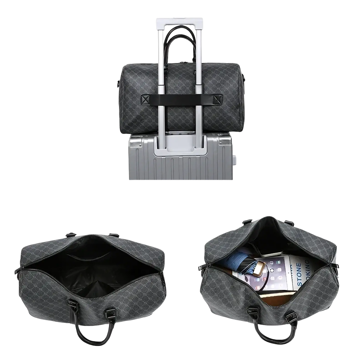 Men black Gg patterned travel duffel bag with repeating monogram pattern and black handles