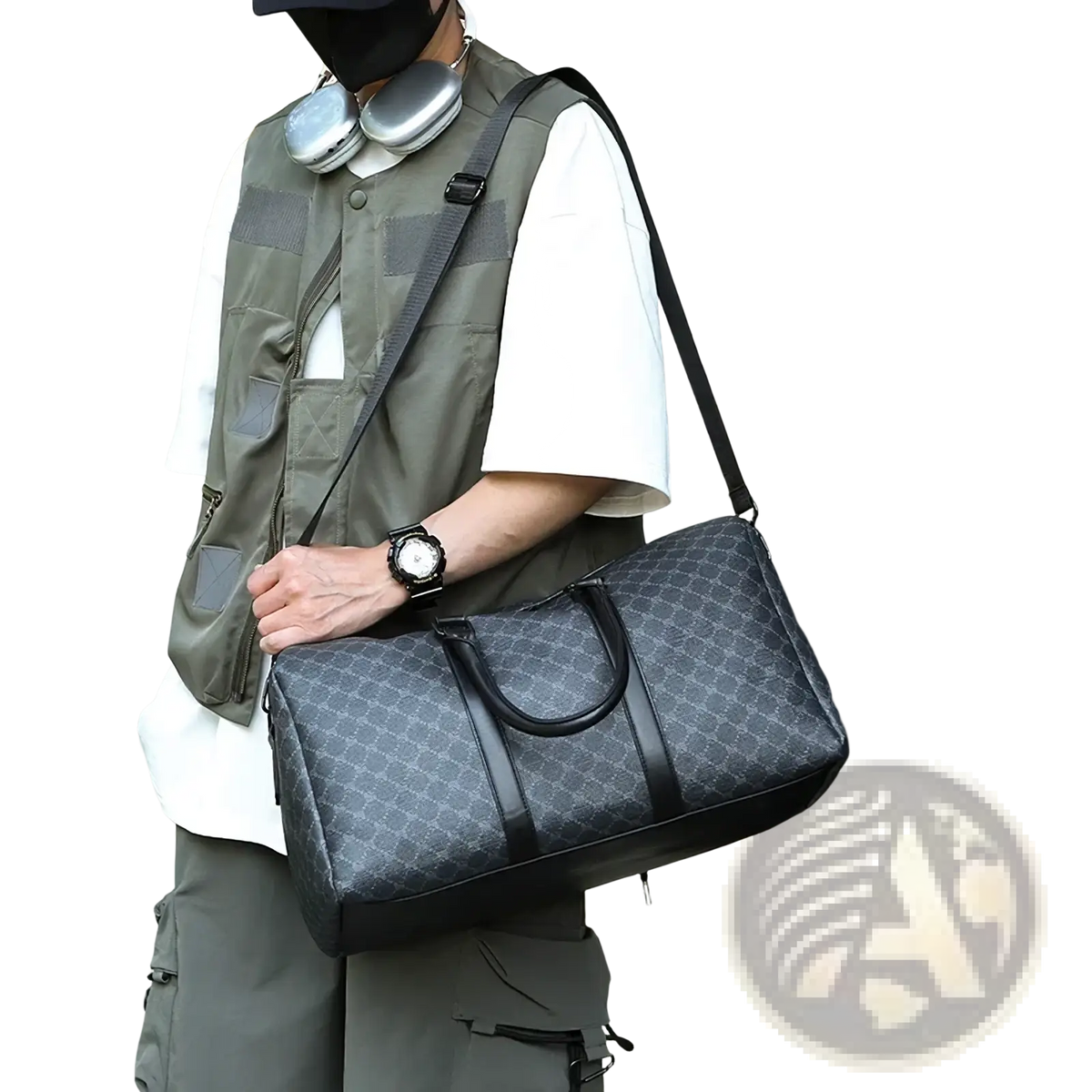 Men black Gucci GG patterned travel duffel bag with dark gray GG Supreme fabric and black leather trim and handles