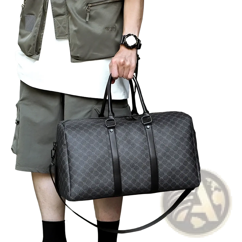 Men black gg patterned travel duffel bag featuring black and gray pattern with leather straps for stylish travel use