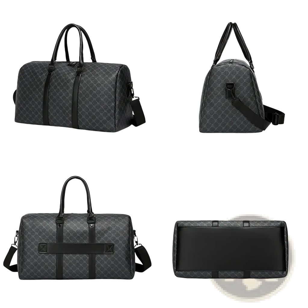 Men black gg patterned travel duffel bag with black and gray pattern and leather like handles and straps