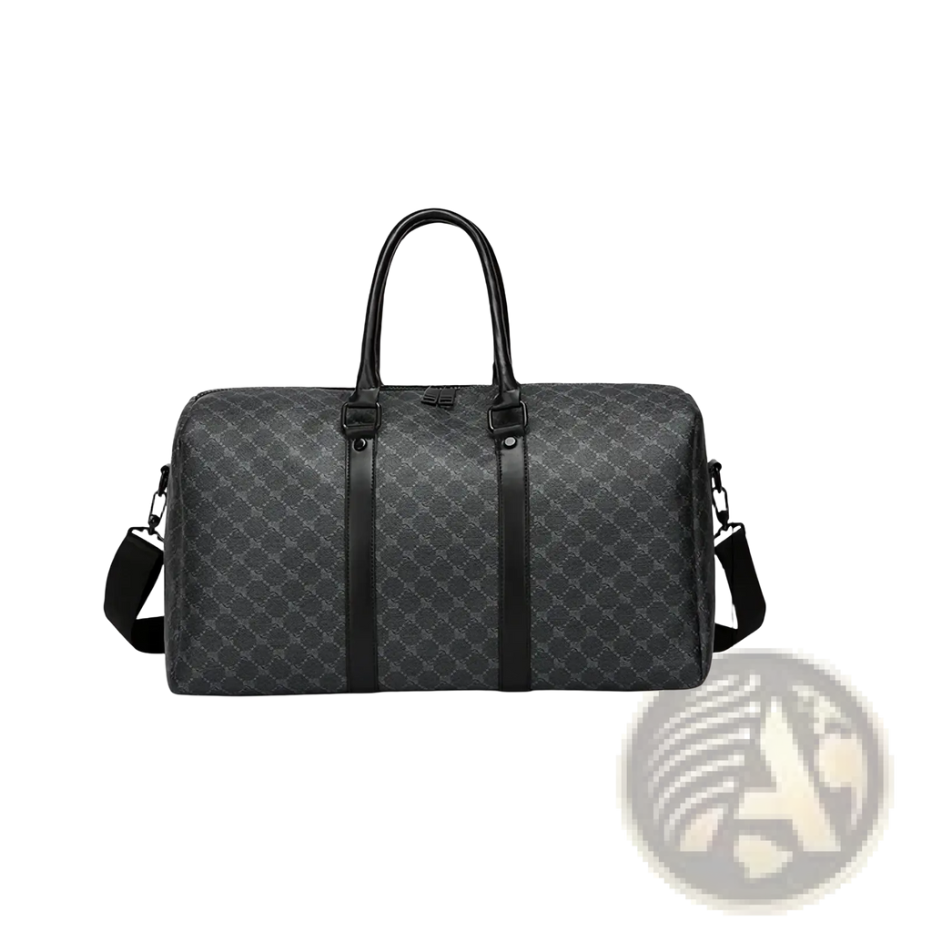 Men black gg patterned travel duffel bag with black and gray pattern leather handles and straps