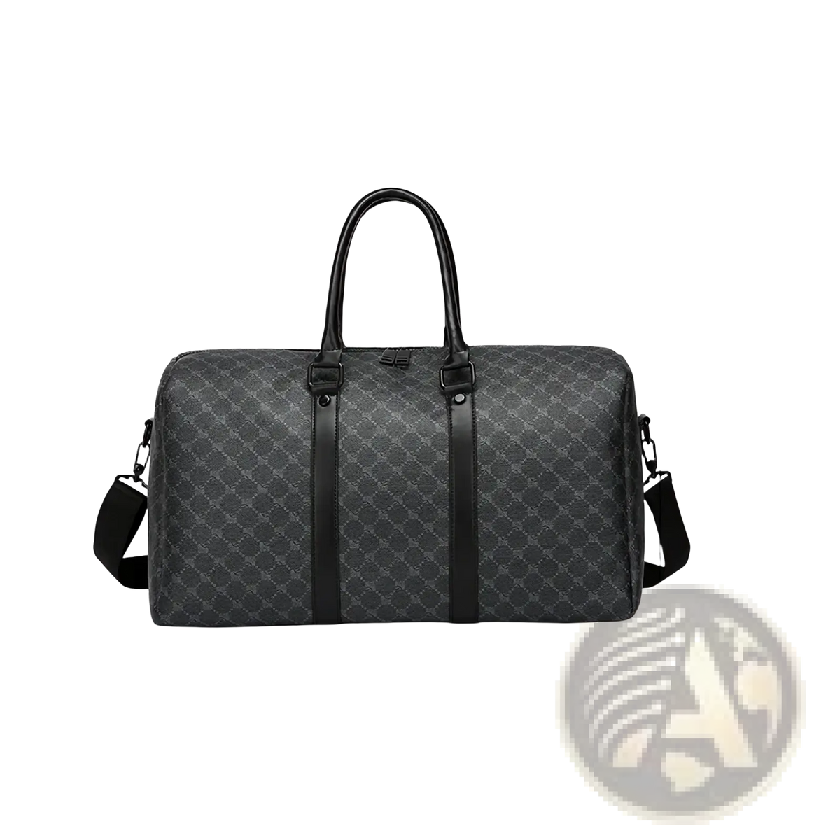 Men black gg patterned travel duffel bag with black and gray pattern leather handles and straps