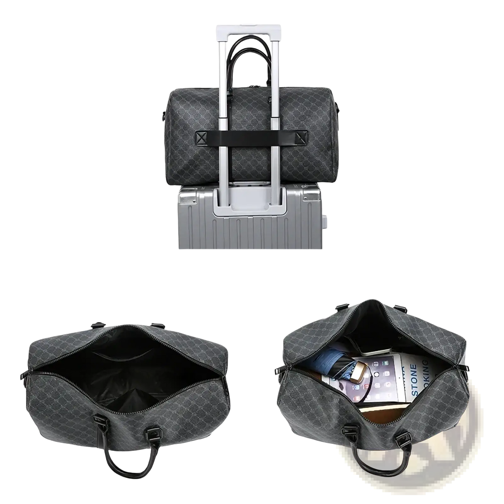 Men black Gg patterned travel duffel bag with repeating monogram pattern and black handles