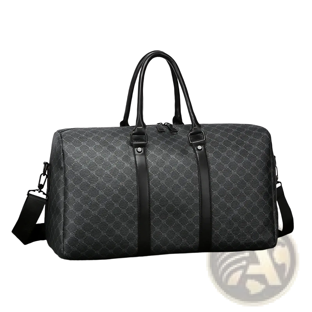 Men black gg patterned travel duffel bag with subtle gray diamond pattern black leather handles and straps