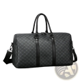 Men black gg patterned travel duffel bag with subtle gray diamond pattern black leather handles and straps