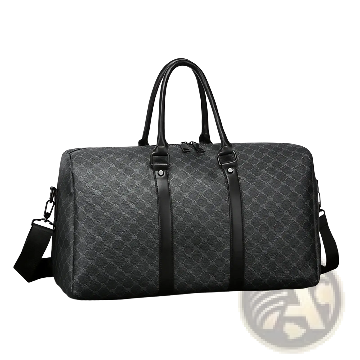 Men black gg patterned travel duffel bag with subtle gray diamond pattern black leather handles and straps