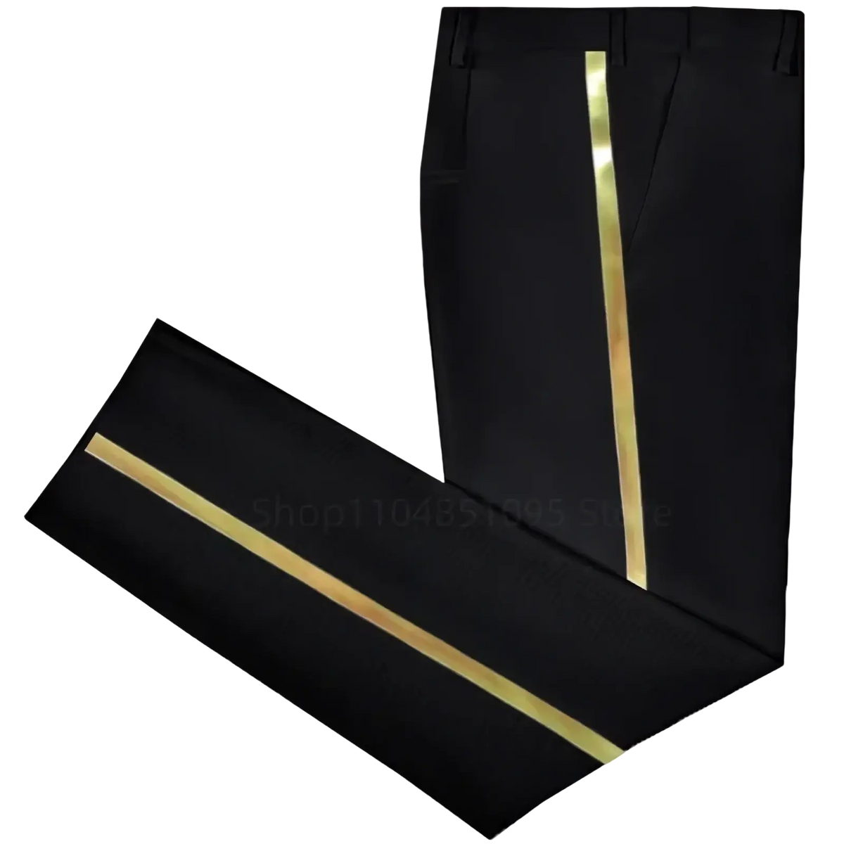 Men black gold stripe suit pants featuring a striking vertical gold stripe on straight trousers front view