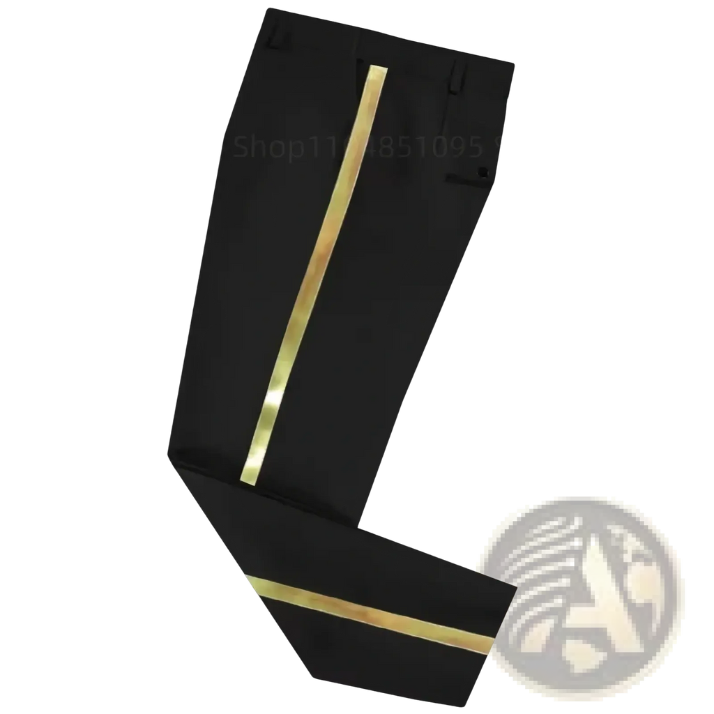 Men black gold stripe suit pants straight trousers with a metallic gold stripe along the outer seam