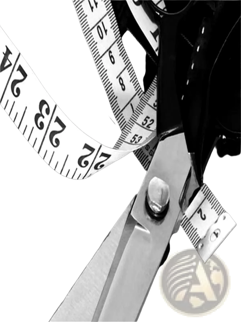 A pair of sharp metallic scissors beside a coiled measuring tape on dark fabric for men black gold stripe suit pants