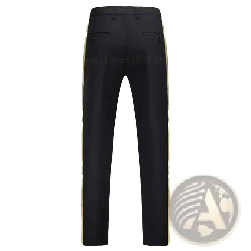 Men black suit trousers with gold side stripes designed as straight fit formal pants