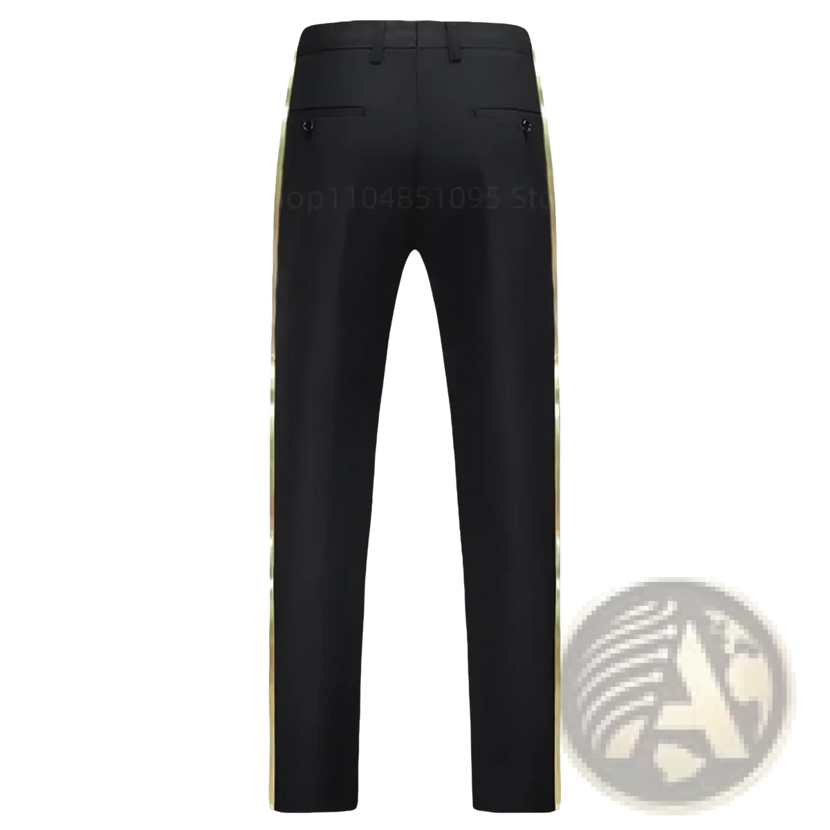 Men black suit trousers with gold side stripes designed as straight fit formal pants