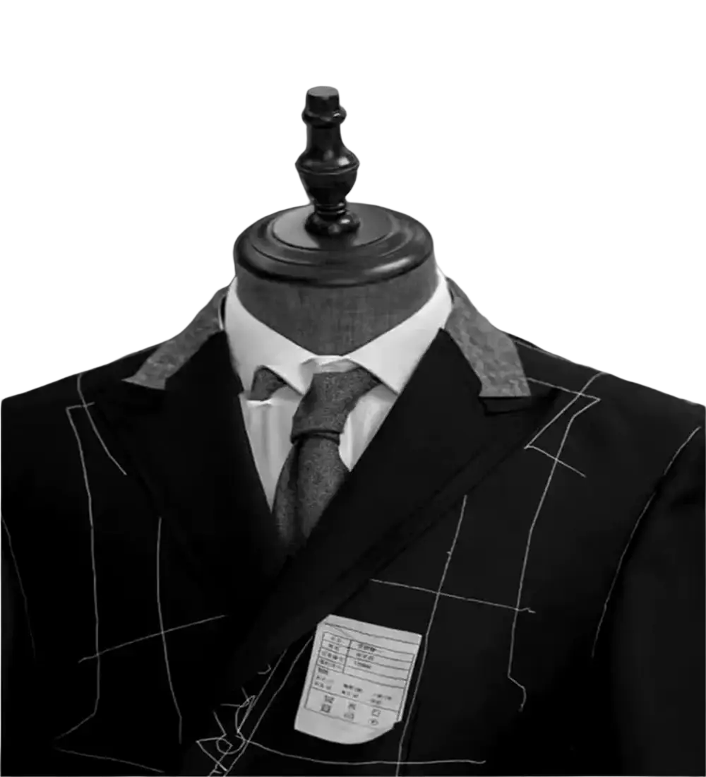 Black tailored suit jacket with subtle white pinstripes on a wooden mannequin paired with men black gold stripe suit pants