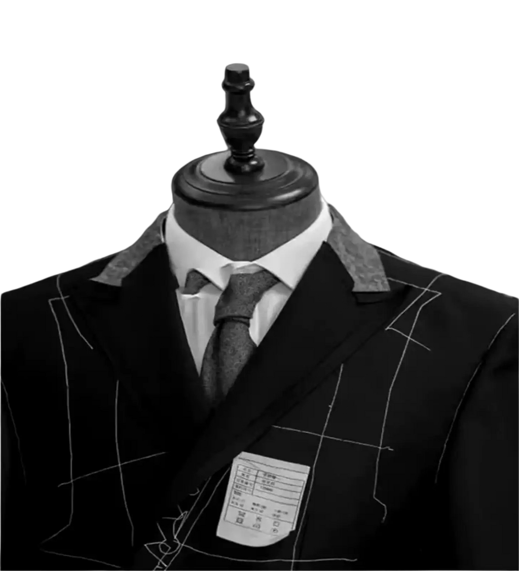 Black tailored suit jacket with subtle white pinstripes on a wooden mannequin paired with men black gold stripe suit pants