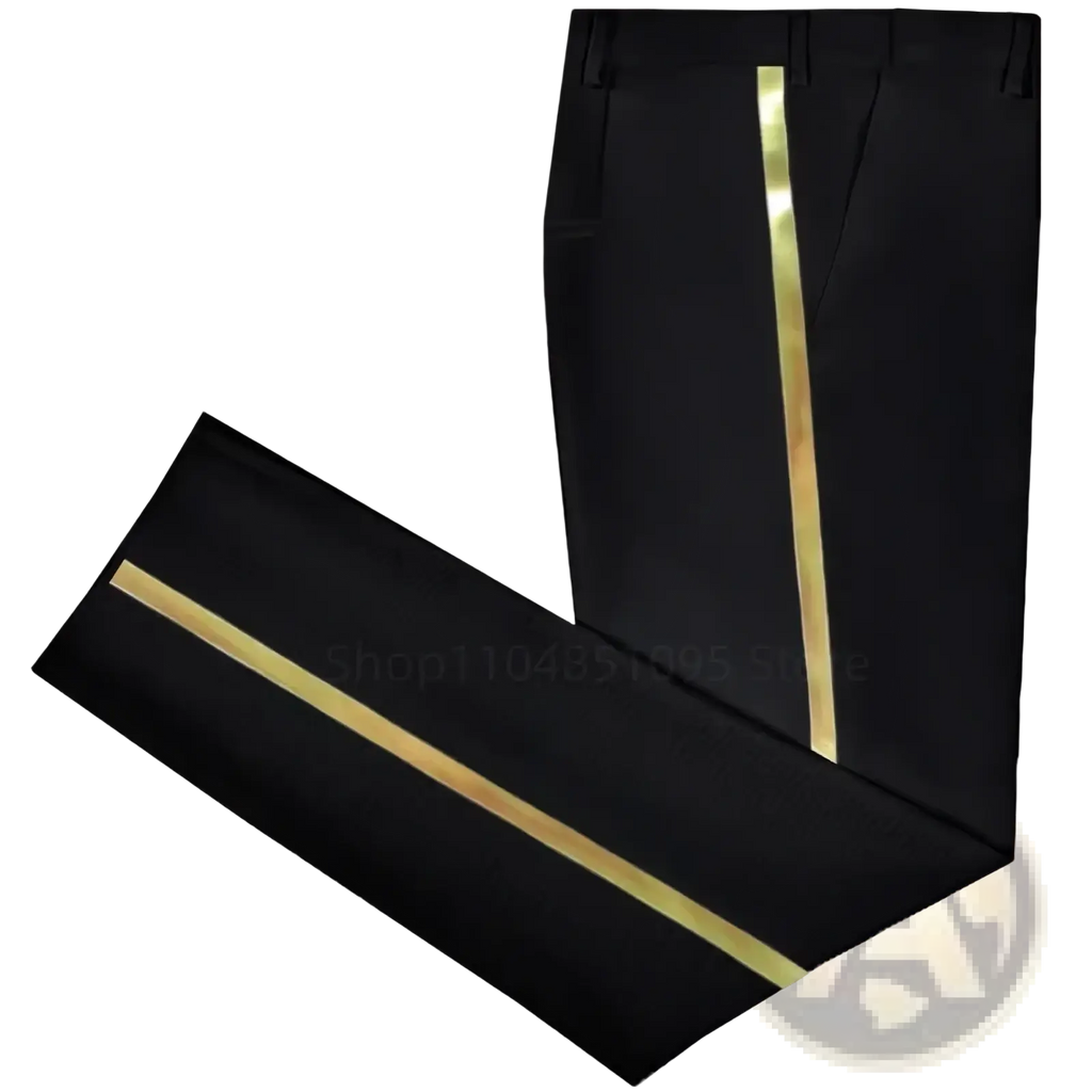 Men black gold stripe suit pants featuring a striking vertical gold stripe on straight trousers front view
