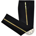 Men black gold stripe suit pants featuring a striking vertical gold stripe on straight trousers front view