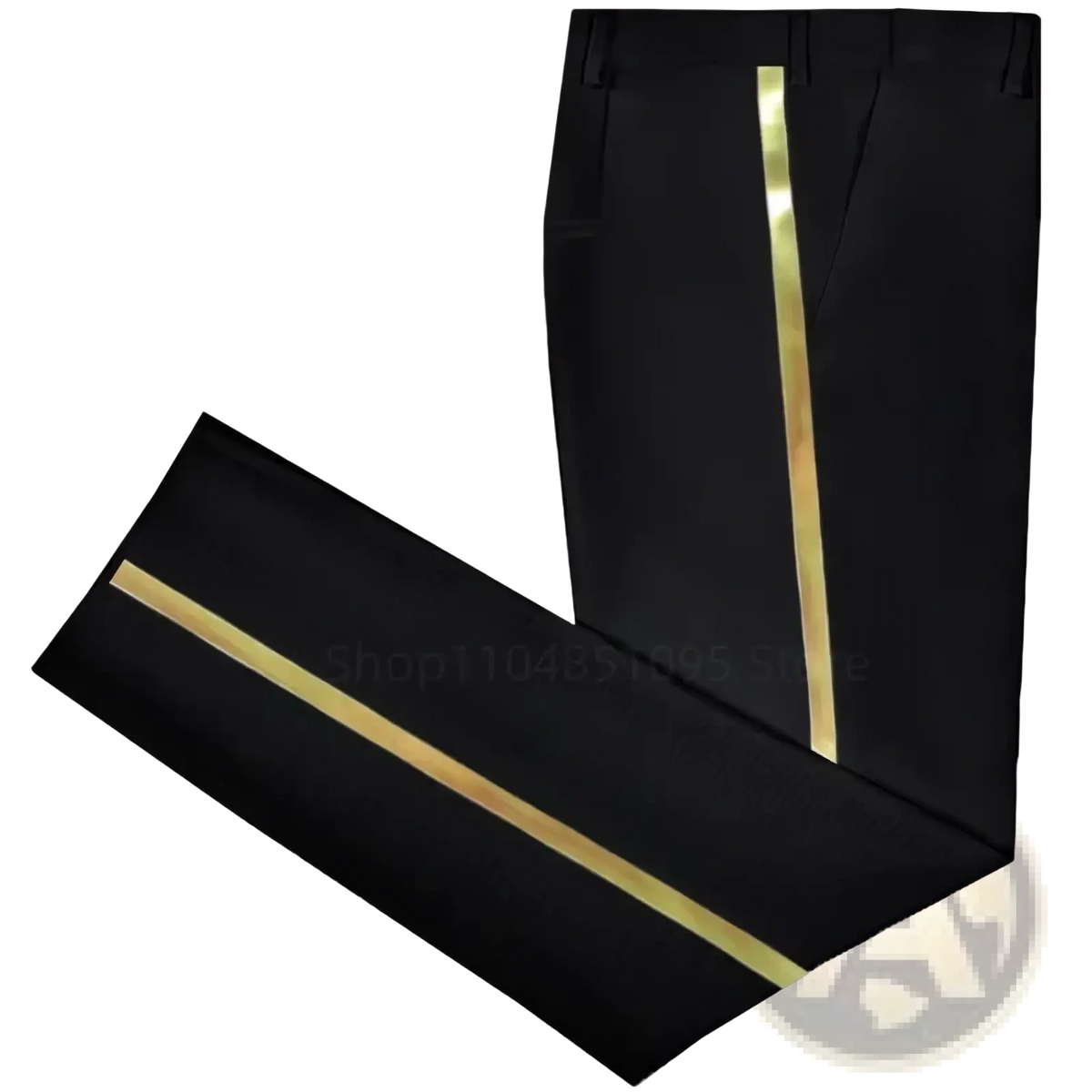 Men black gold stripe suit pants featuring a striking vertical gold stripe on straight trousers front view