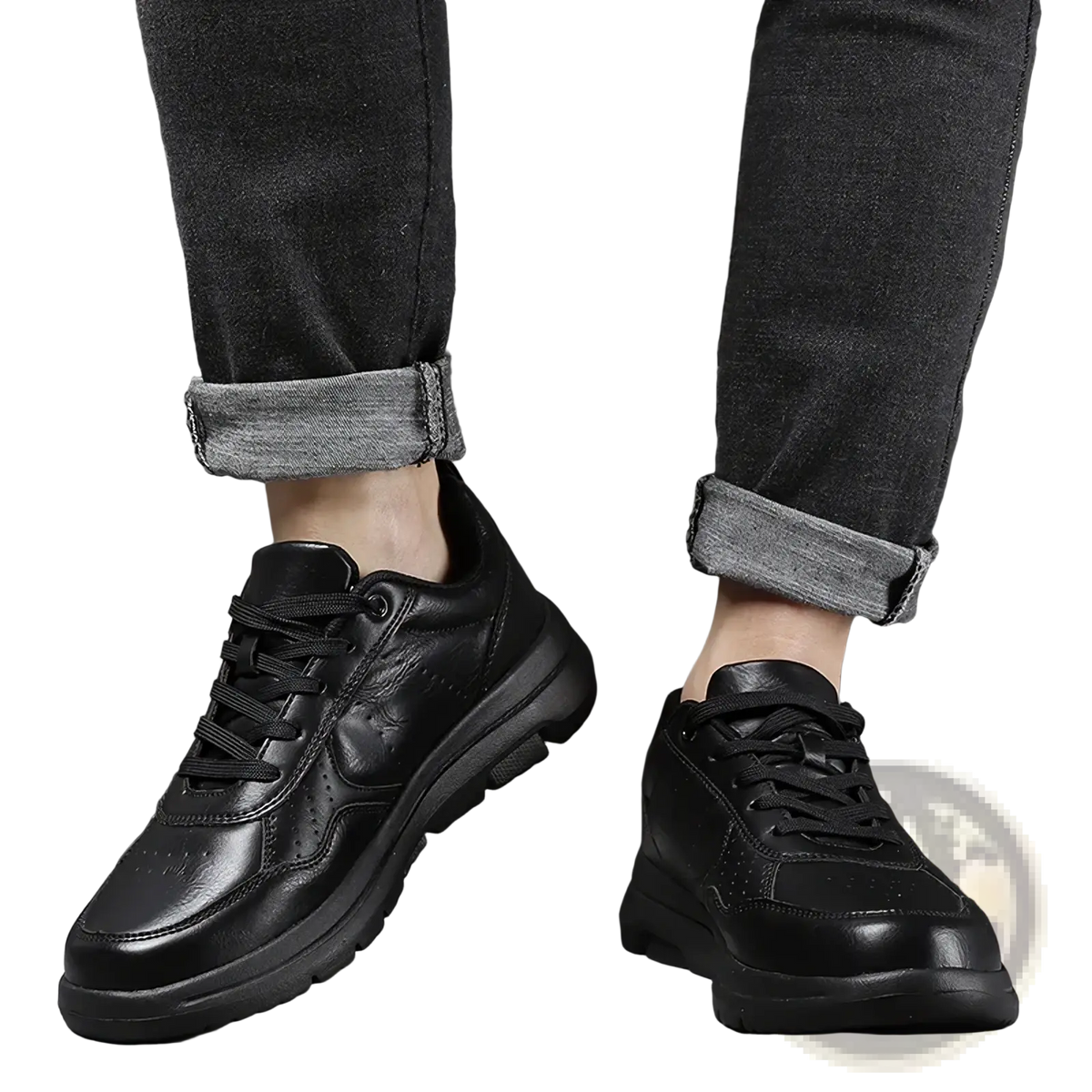 Men black leather chunky sole sneakers featuring a black leather upper with a chunky sole and subtle perforated detailing