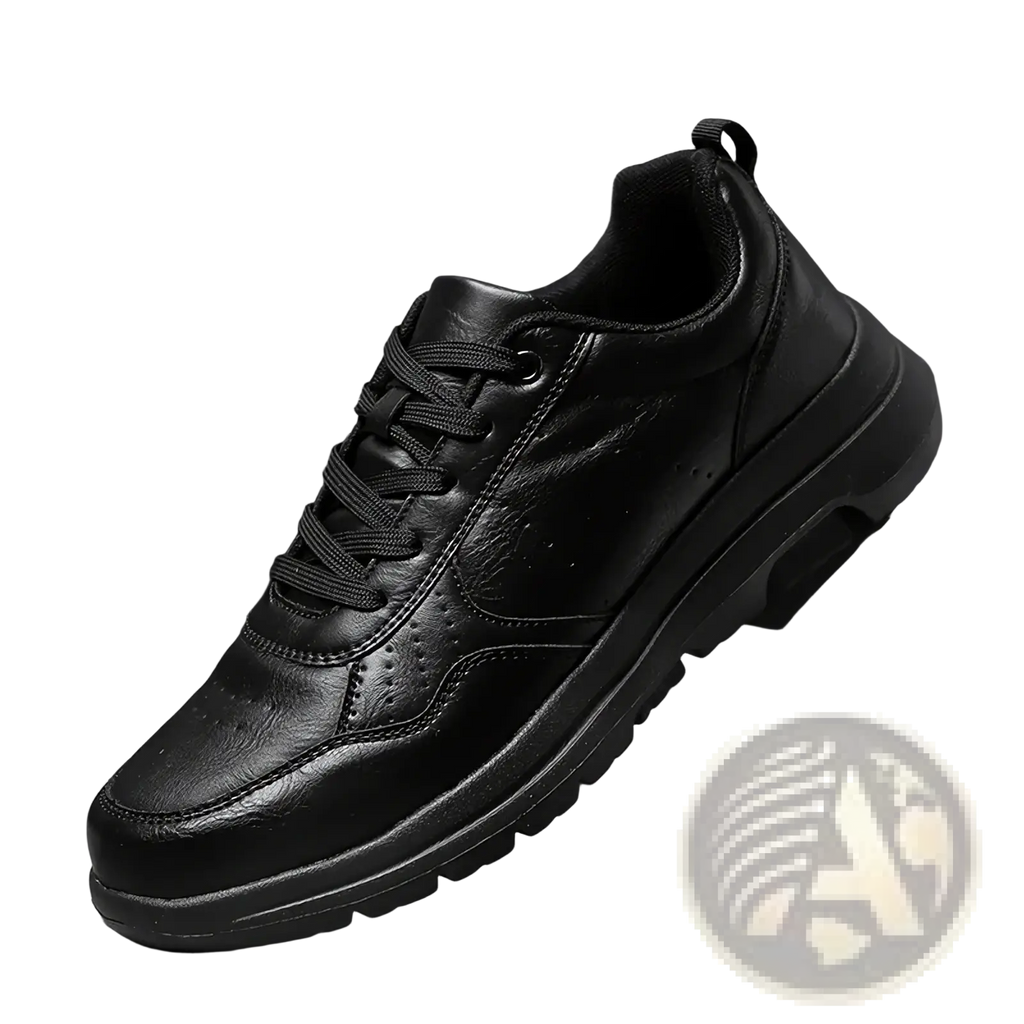 Men black leather chunky sole sneakers with lace-up design and thick rubber sole for casual wear