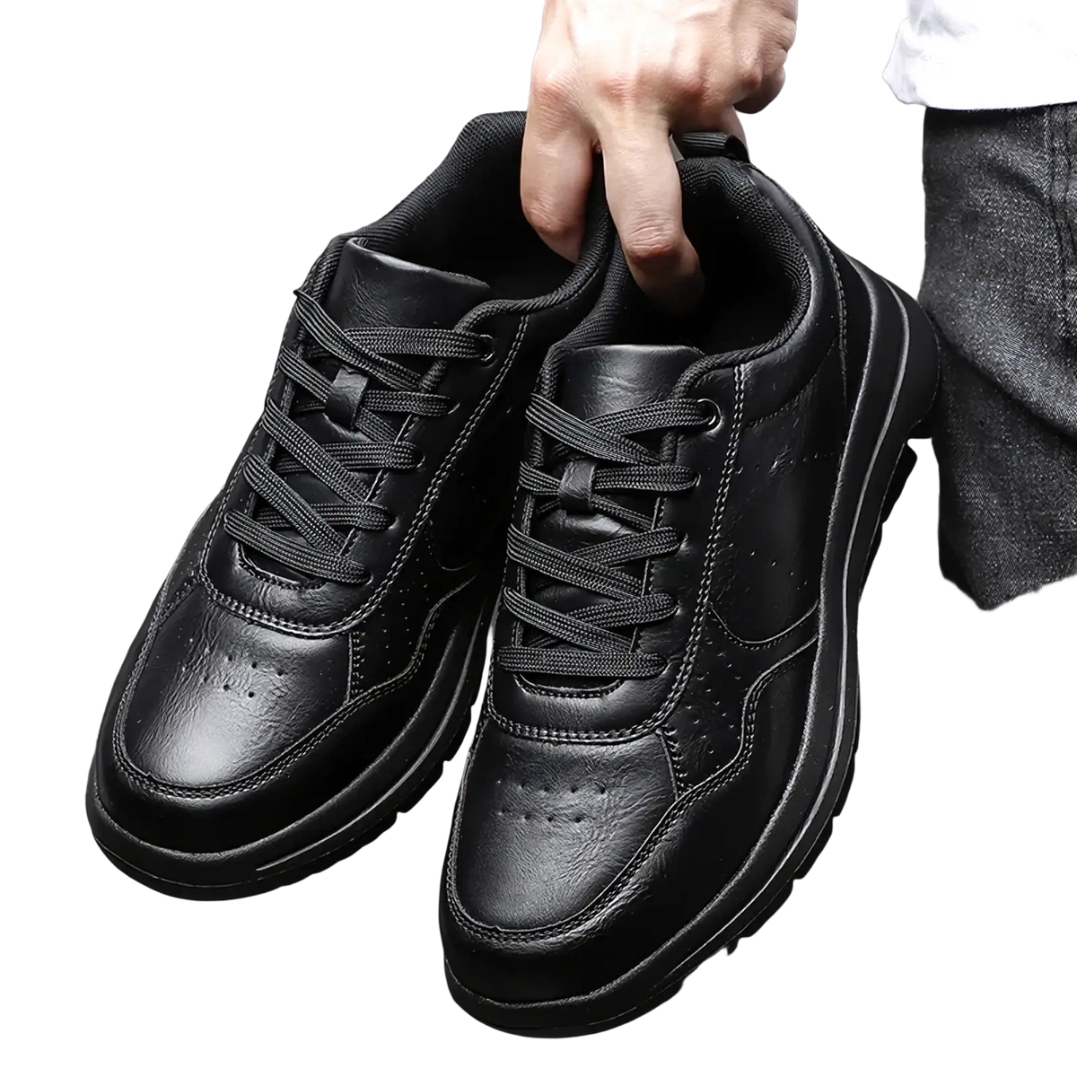 Men black leather chunky sole sneakers with sleek modern design and thick soles for stylish casual wear