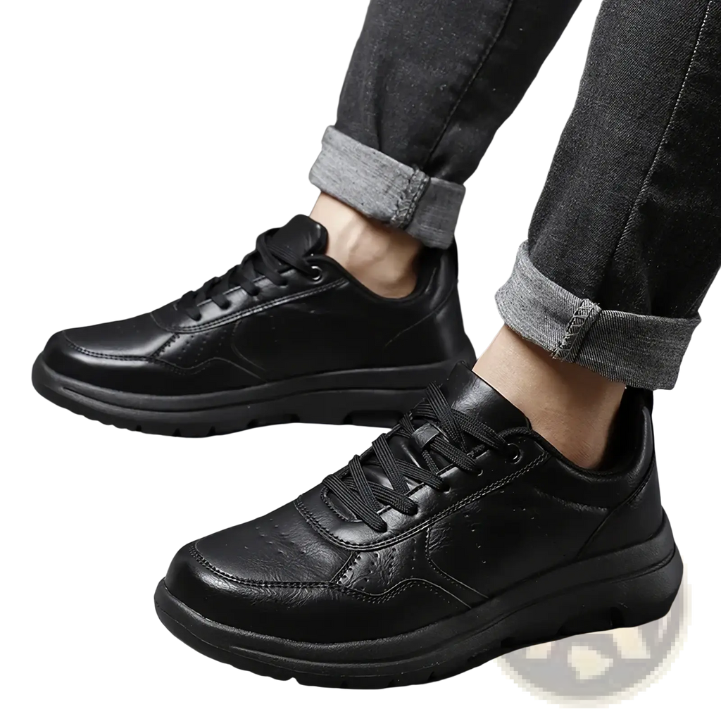 Men black leather chunky sole sneakers featuring sleek minimalist design and sturdy rubber soles