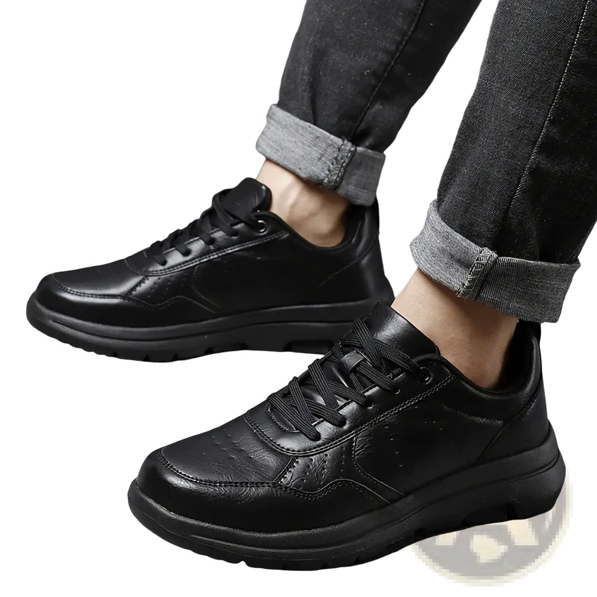 Men black leather chunky sole sneakers featuring sleek minimalist design and sturdy rubber soles