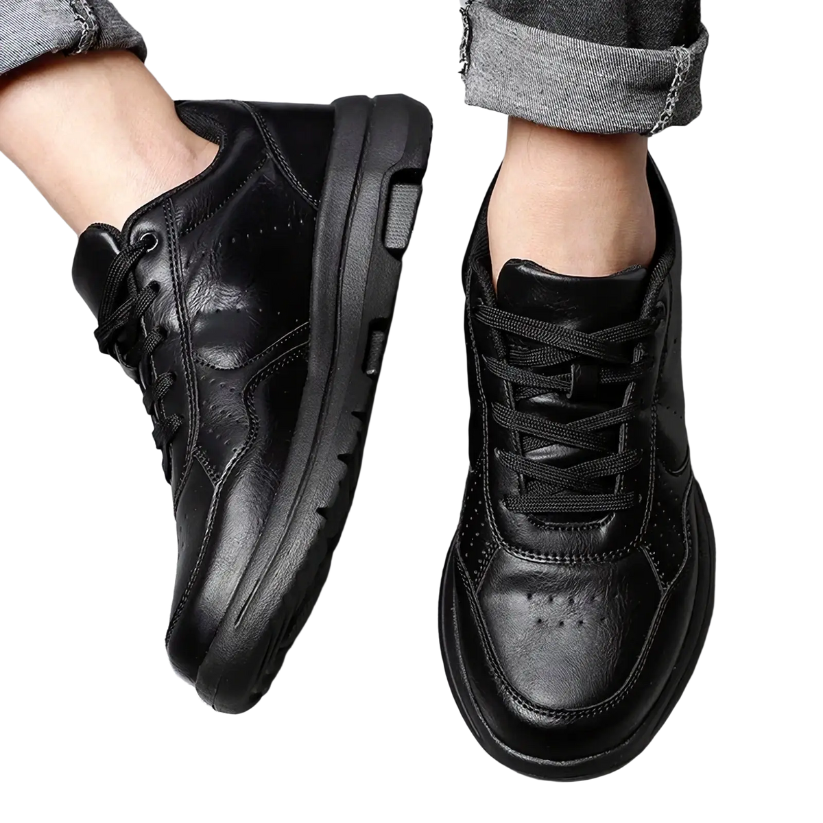 Men black leather chunky sole sneakers featuring thick cushioned sole and subtle perforations on the upper
