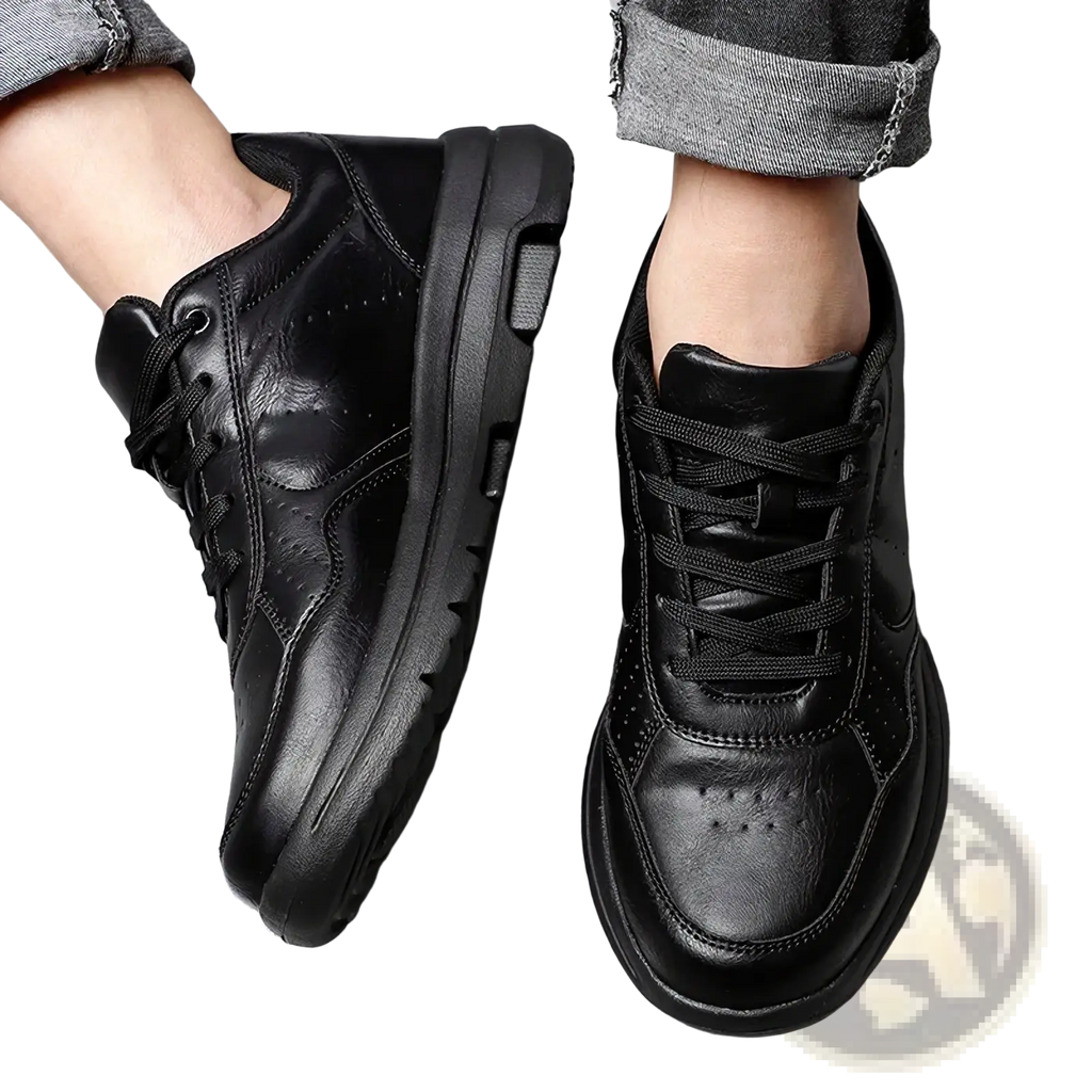 Men black leather chunky sole sneakers featuring thick cushioned sole and subtle perforations on the upper