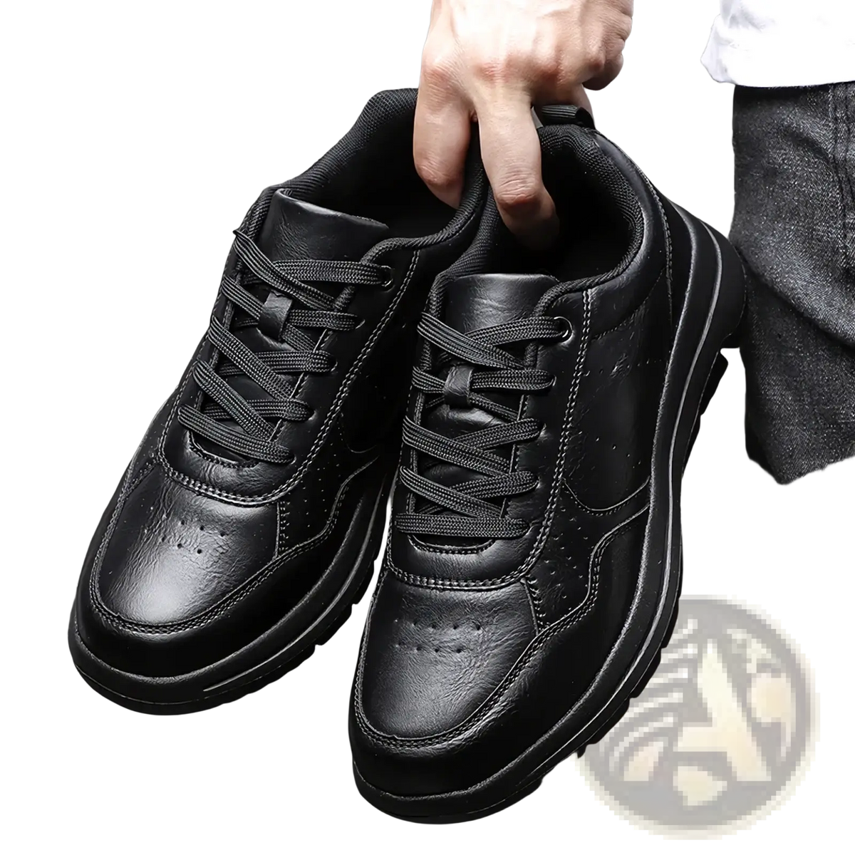 Men black leather chunky sole sneakers with sleek modern design and thick soles for stylish casual wear