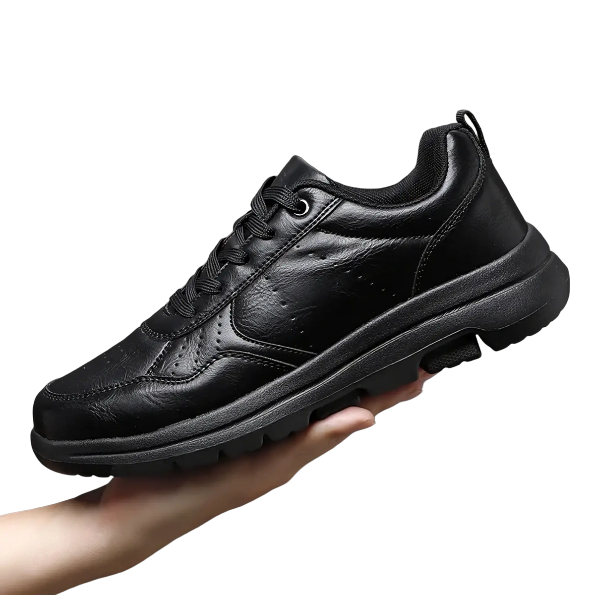 Men black leather chunky sole sneakers featuring a perforated design and sturdy rubber sole for casual wear