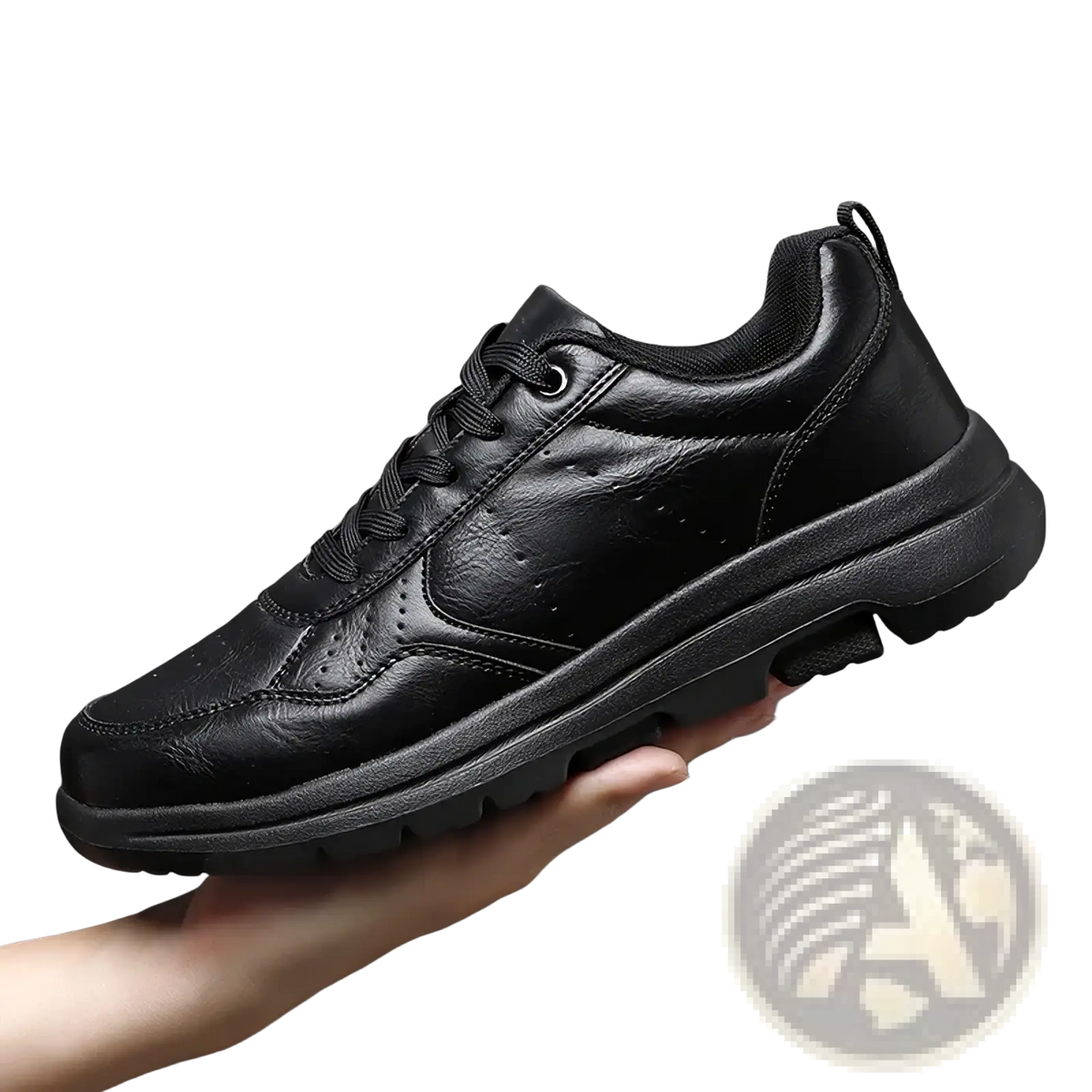 Men black leather chunky sole sneakers featuring a perforated design and sturdy rubber sole for casual wear