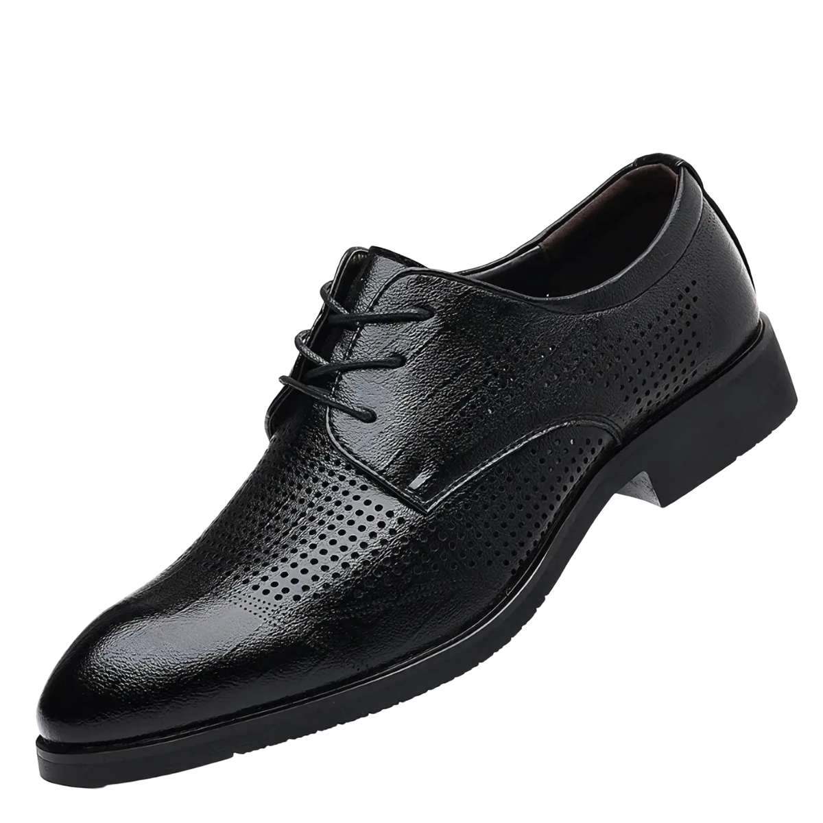 Men black leather Oxford dress shoe with lace-up closure perforated detailing and a low heel for formal wear