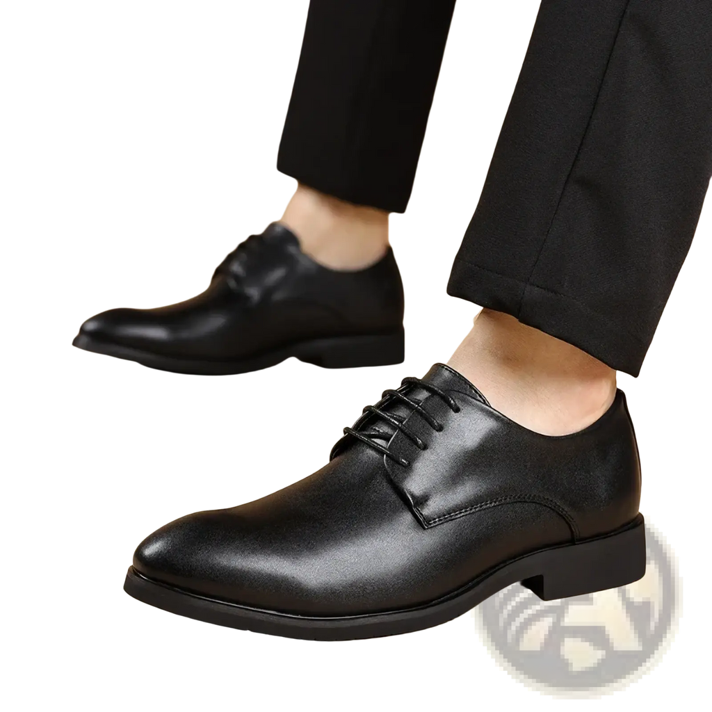 Men black leather oxford dress shoes with polished finish, lace-up design, and low heel for formal occasions