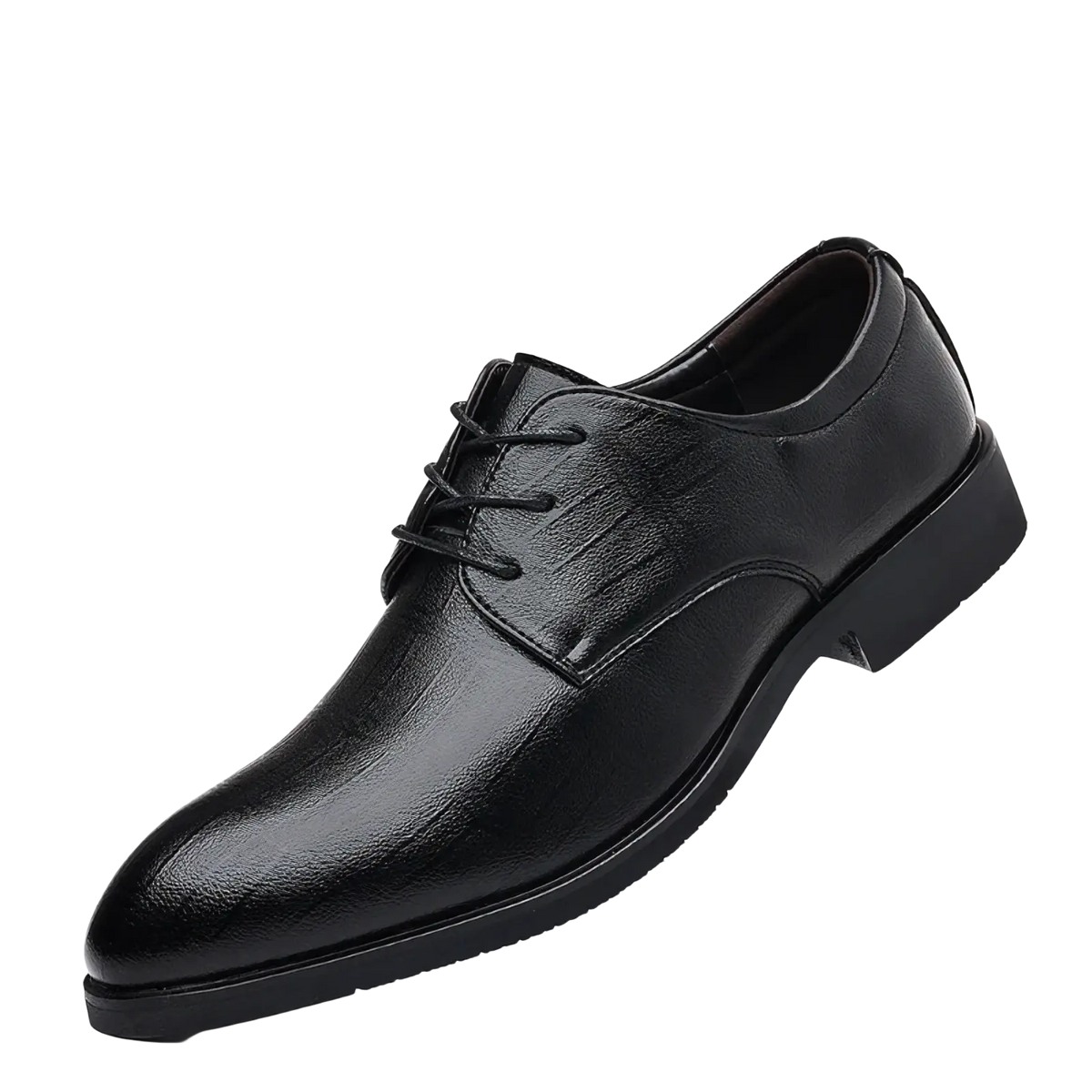 Men black leather oxford dress shoe with pointed toe and lace-up design for formal occasions