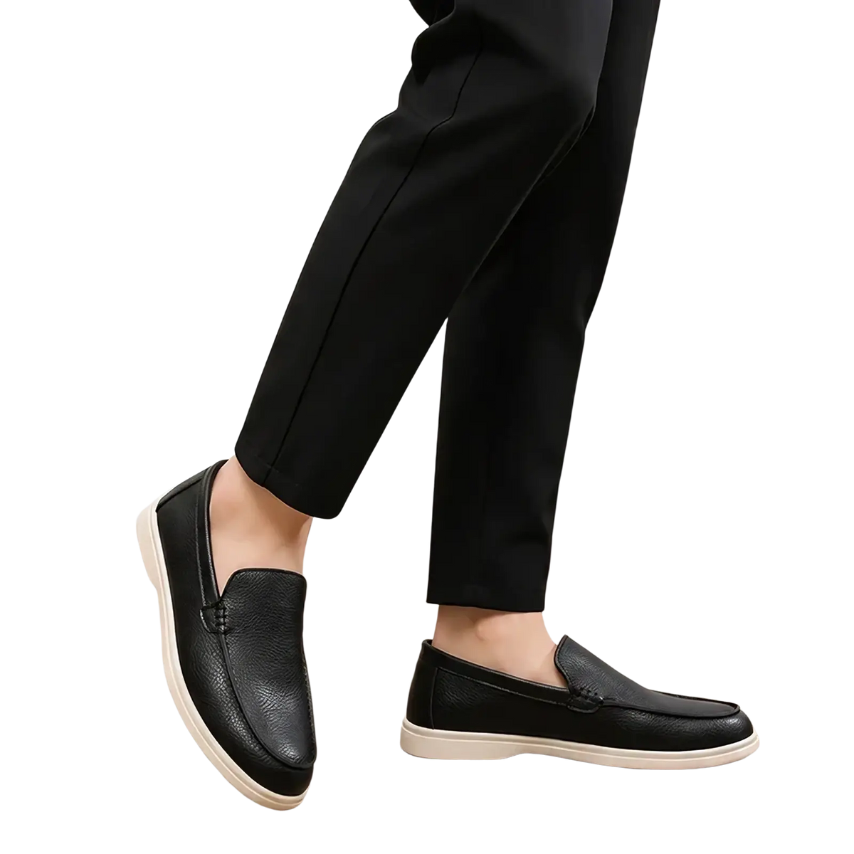 Men black leather slip on loafers with textured surface and white rubber soles for casual wear