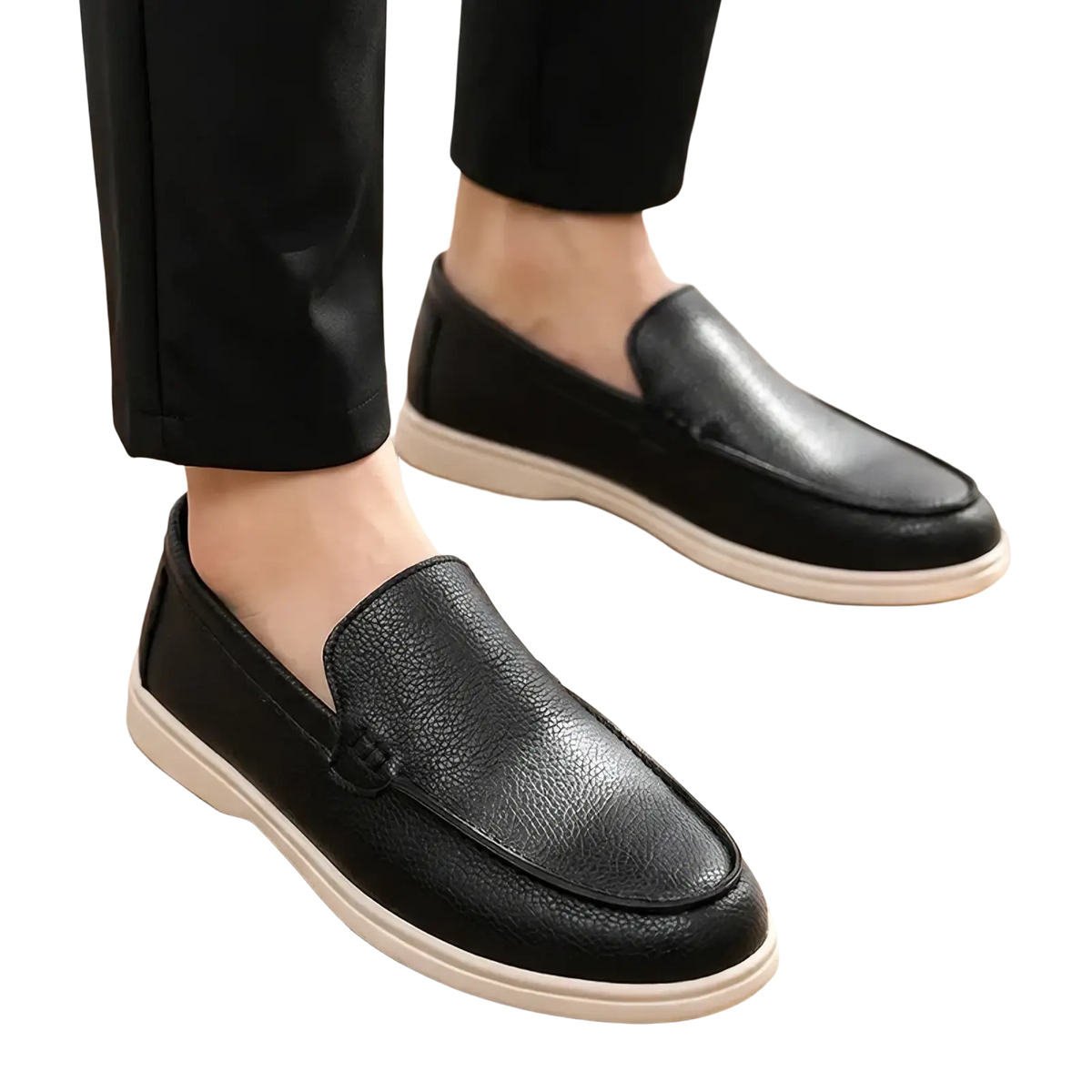 Men black leather slip on loafers with textured surface and white rubber soles for casual wear