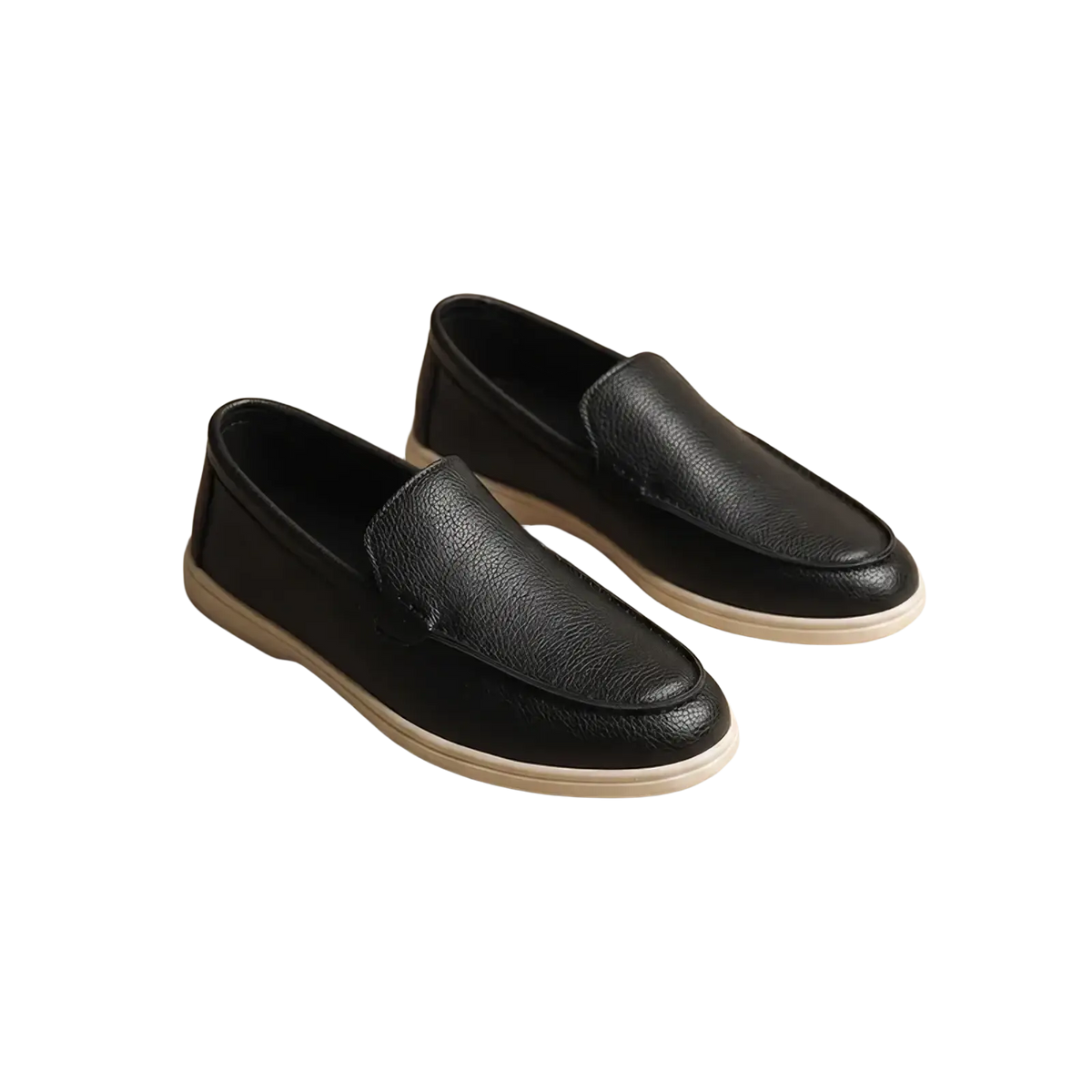Men black leather slip on loafers with textured surface and white rubber soles for casual wear
