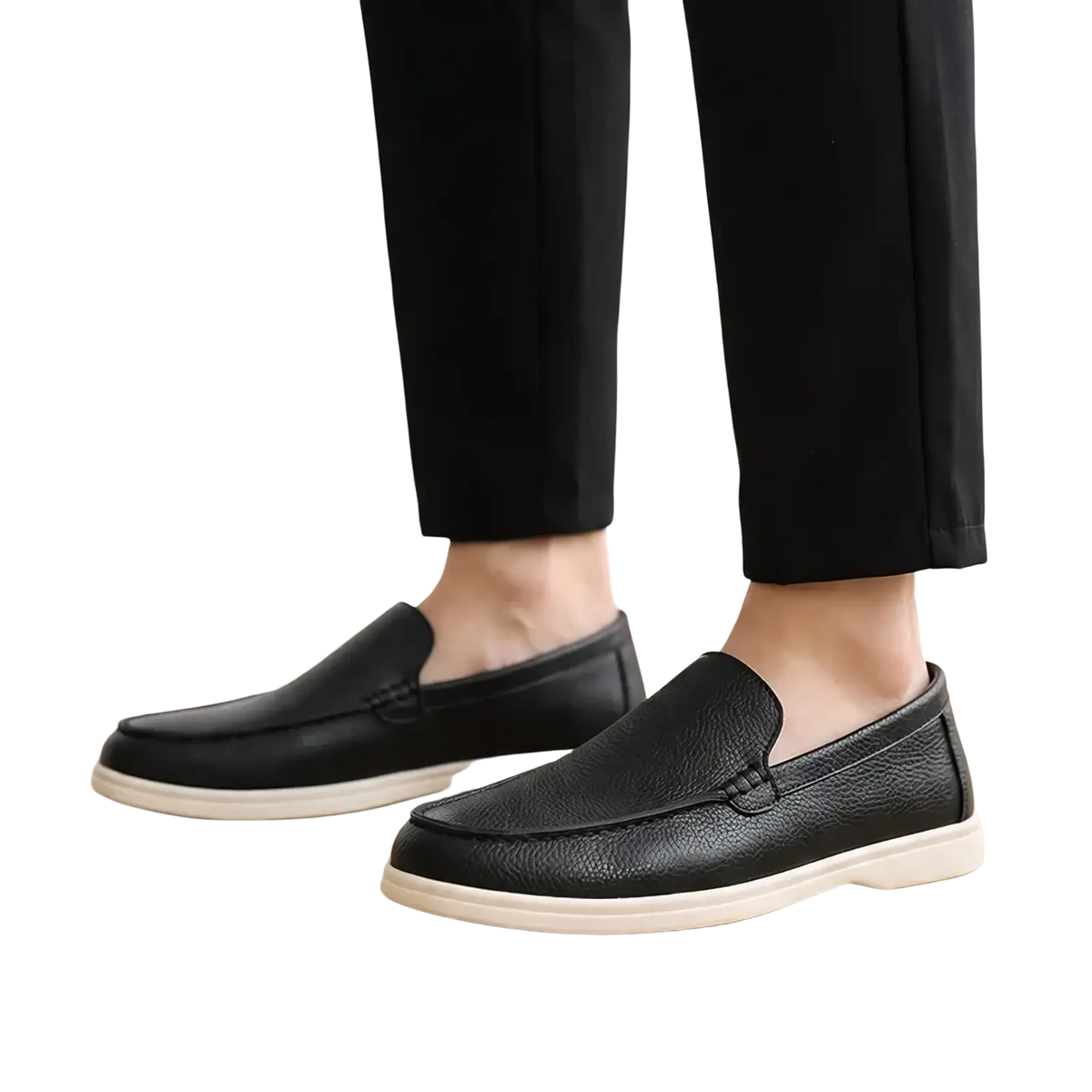 Men black leather slip on loafers with textured surface and white rubber soles for casual wear