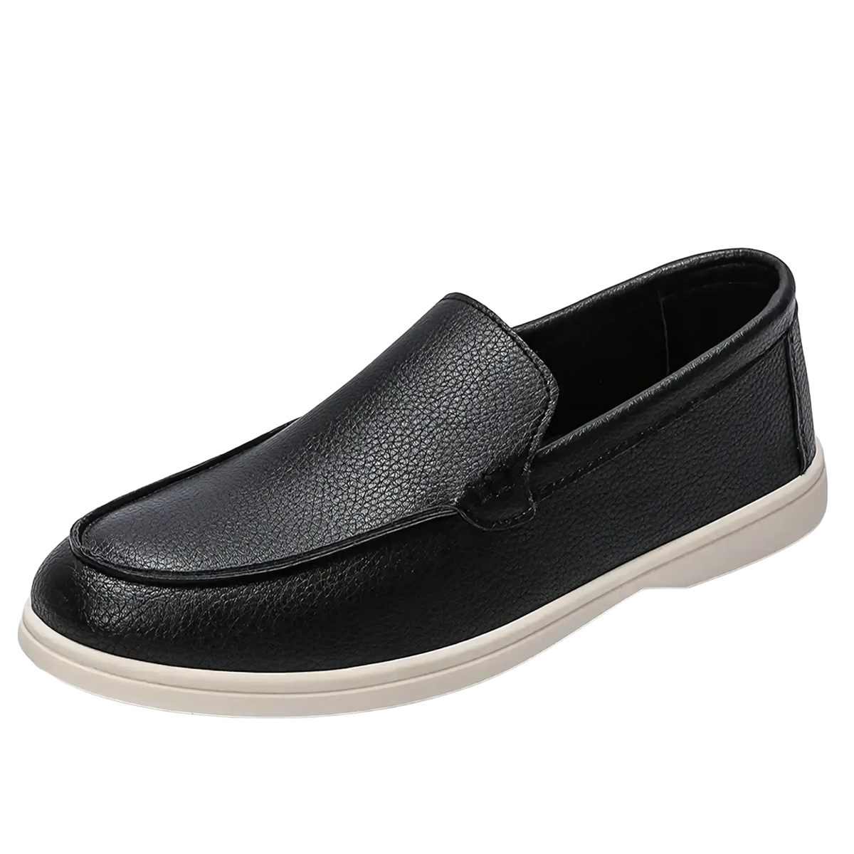 Men black leather slip-on loafers with textured upper and white rubber sole for casual wear