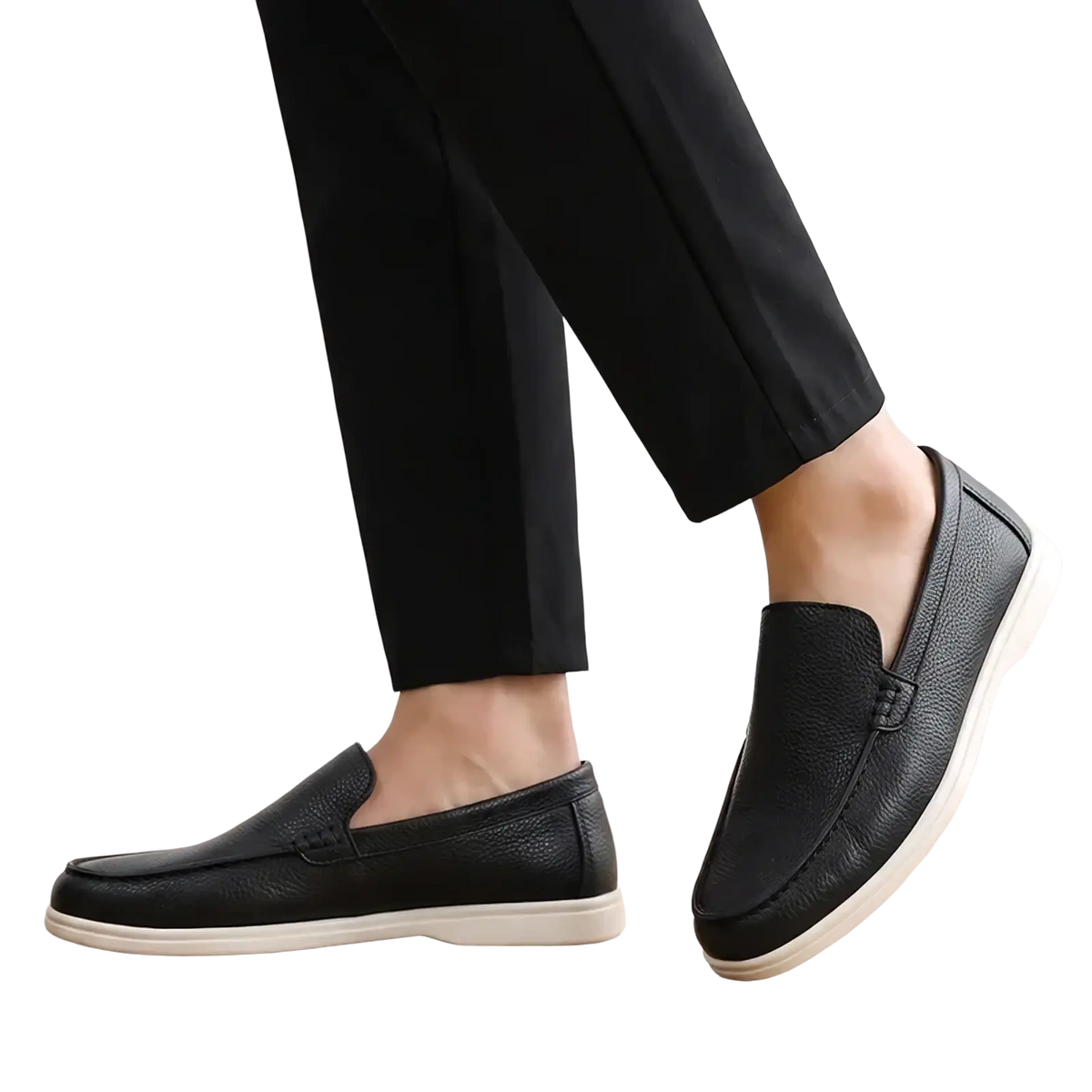 Men black leather slip on loafers featuring textured leather and white rubber sole for casual wear