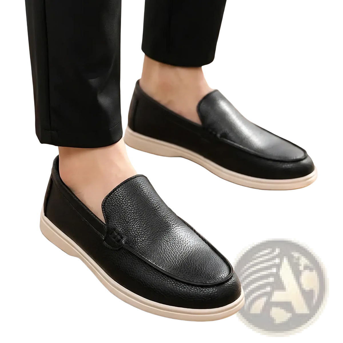 Men black leather slip on loafers with textured surface and white rubber soles for casual wear