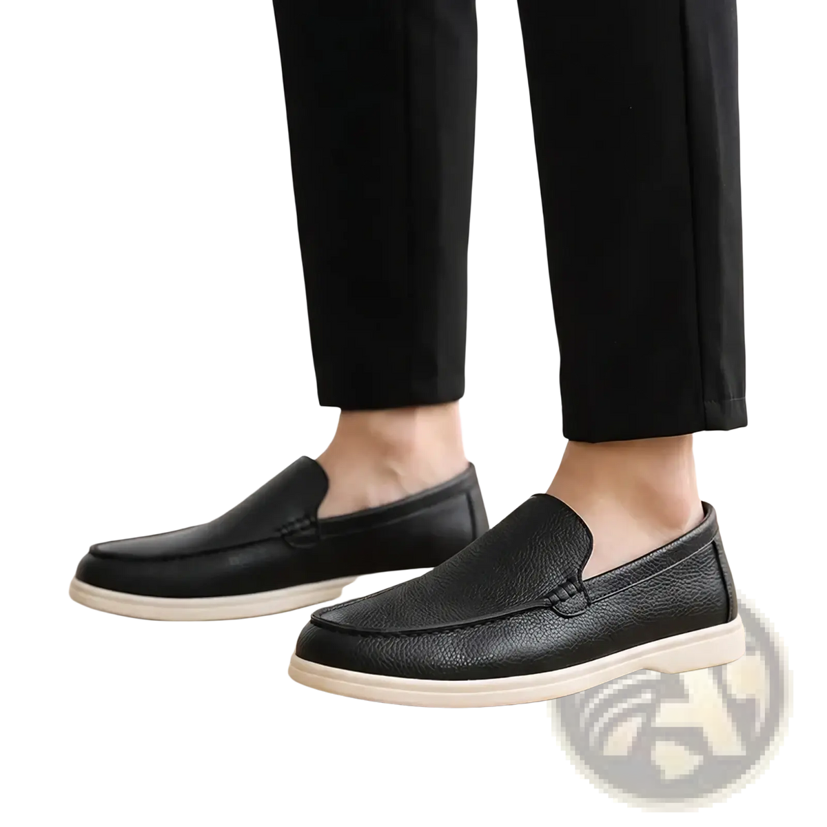 Men black leather slip on loafers with textured surface and white rubber soles for casual wear