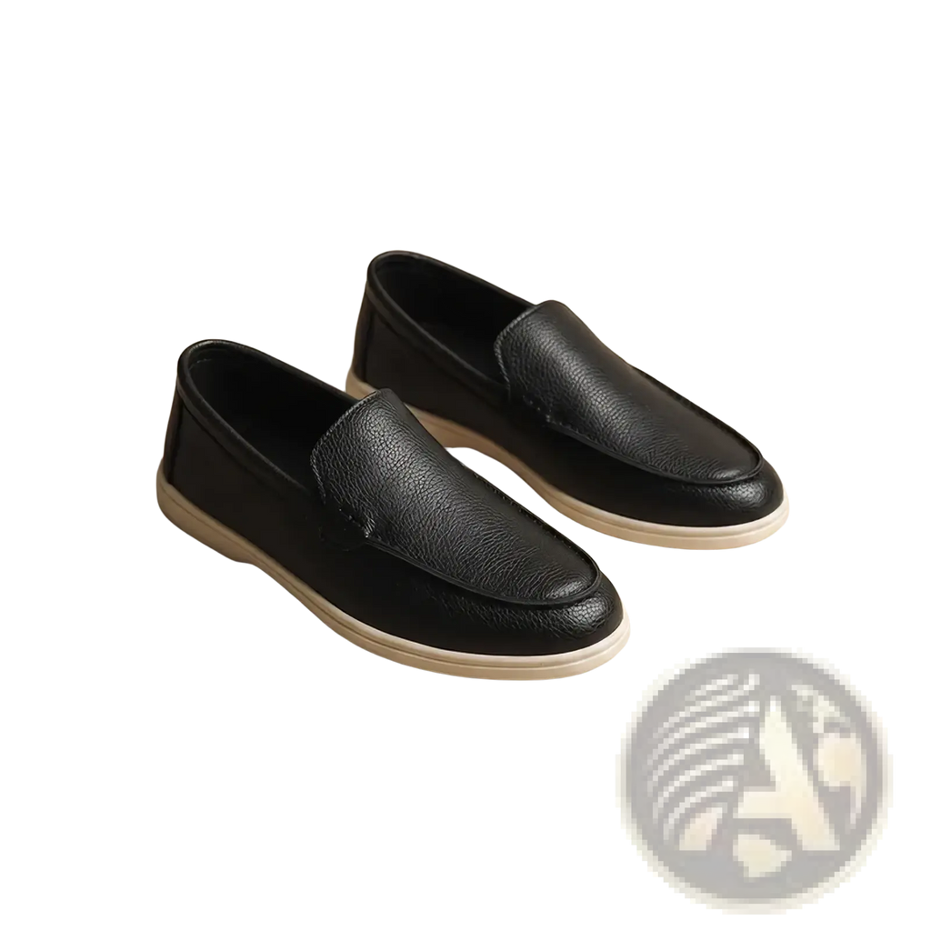 Men black leather slip on loafers with textured surface and white rubber soles for casual wear