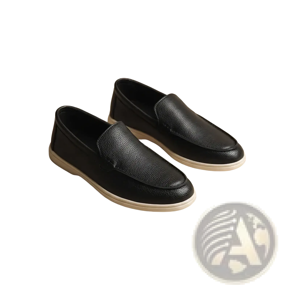 Men black leather slip on loafers with textured surface and white rubber soles for casual wear