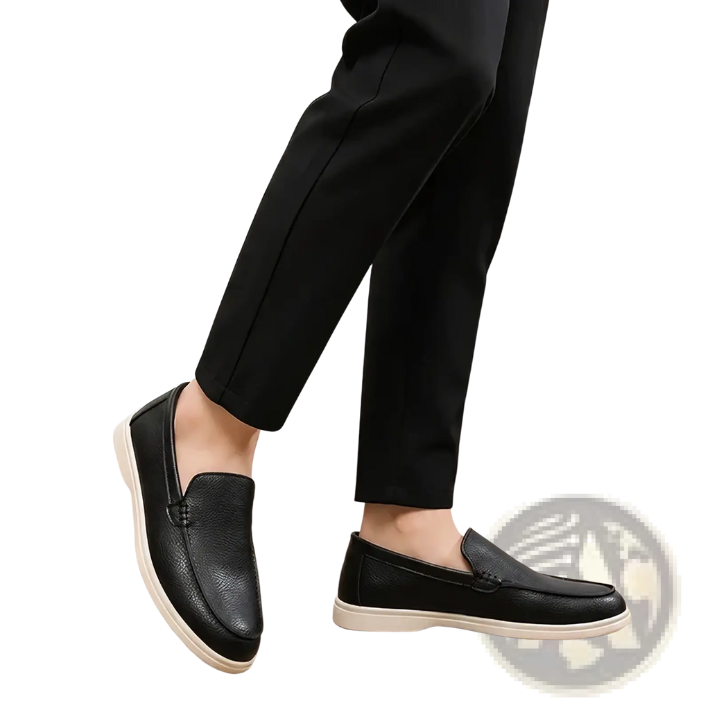 Men black leather slip on loafers with textured surface and white rubber soles for casual wear