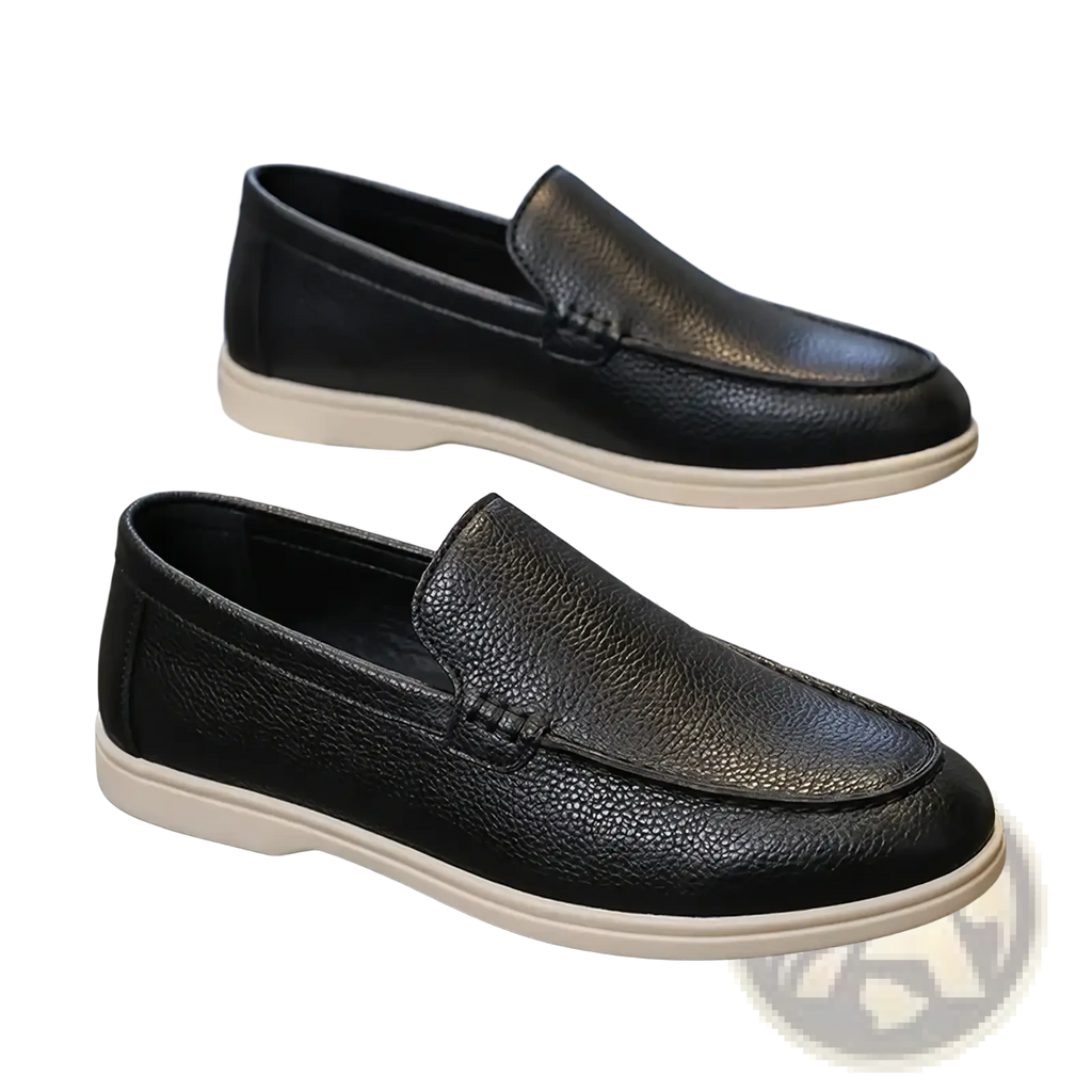 Men black leather slip on loafers with textured surface and white rubber soles for casual wear