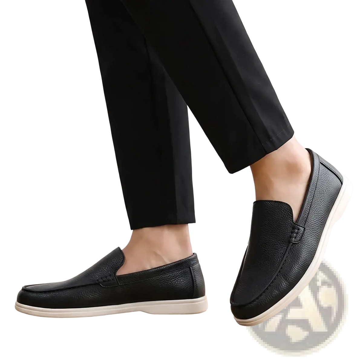 Men black leather slip on loafers featuring textured leather and white rubber sole for casual wear