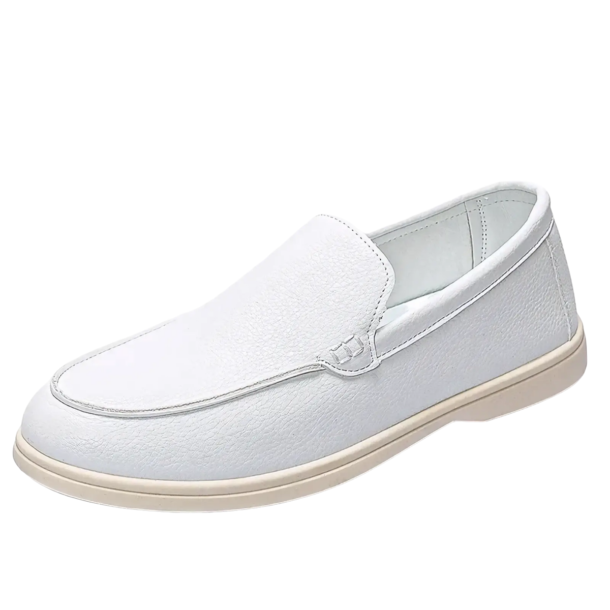 Men black leather slip on loafers featuring a white leather upper with smooth texture and light beige rubber sole