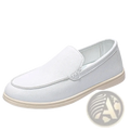 Men black leather slip on loafers featuring a white leather upper with smooth texture and light beige rubber sole