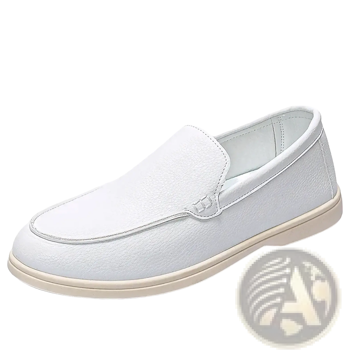 Men black leather slip on loafers featuring a white leather upper with smooth texture and light beige rubber sole