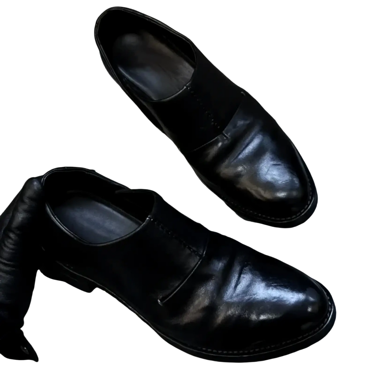 Men black leather vintage slip on dress shoes with polished finish and subtle stitching details for formal wear